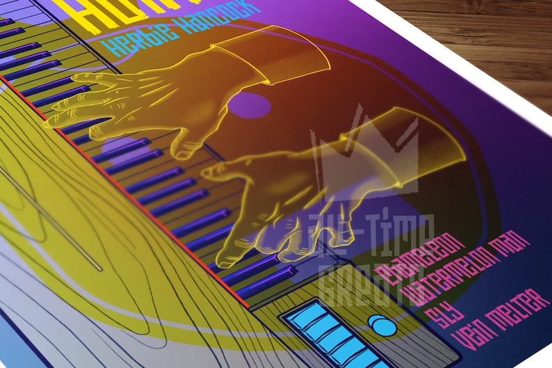 May include: A vintage-style poster with a purple and blue background featuring a yellow outline of a person's hands playing a keyboard. The text "Chameleon Watermelon Man Sly & The Family Stone" is printed in pink and white.