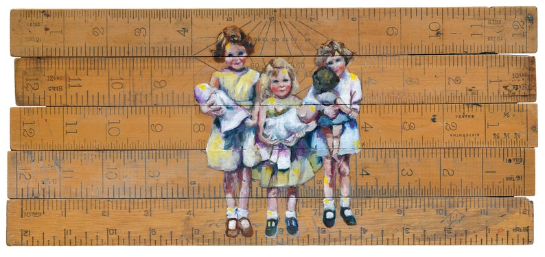 fine art print, nostalgic print, quirky, dolls, vintage, vintage rulers, friends, friendship, sisters, daughters, mother gift image 2