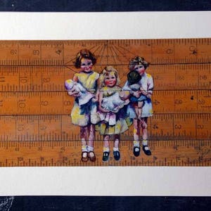 fine art print, nostalgic print, quirky, dolls, vintage, vintage rulers, friends, friendship, sisters, daughters, mother gift image 3