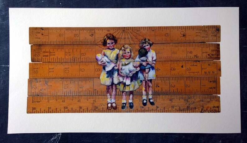 fine art print, nostalgic print, quirky, dolls, vintage, vintage rulers, friends, friendship, sisters, daughters, mother gift image 3