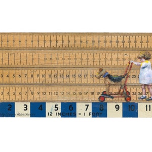 May include: A wooden ruler with four sections, each marked with inches and millimeters. A girl in a white dress is pushing a red toy scooter with a brown and black dog on it. The ruler has the text "Galt's Early Stages Manchester 12 INCHES = 1 FOOT" printed on the bottom.