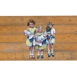 fine art print, nostalgic print, quirky, dolls, vintage, vintage rulers, friends, friendship, sisters, daughters, mother gift image 1