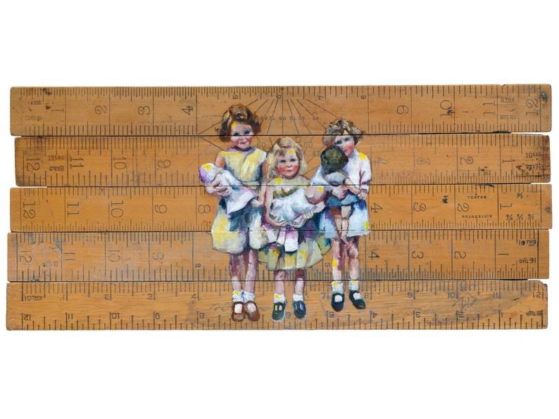 fine art print, nostalgic print, quirky, dolls, vintage, vintage rulers, friends, friendship, sisters, daughters, mother gift image 1