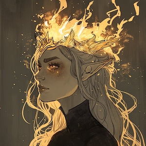 May include: Illustration of a woman with long, flowing blonde hair and pointed ears, wearing a crown of flames. The artwork features a dark background with golden highlights and a black turtleneck.