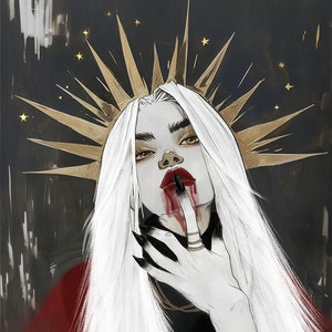 Könnte beinhalten: Illustration einer Frau mit langen weißen Haaren, rotem Lippenstift und einem goldenen Heiligenschein. Ihr Finger liegt auf ihren Lippen, mit einer Spur roter Flüssigkeit. Der Hintergrund ist dunkel mit goldenen Sternen und Pinselstrichen.