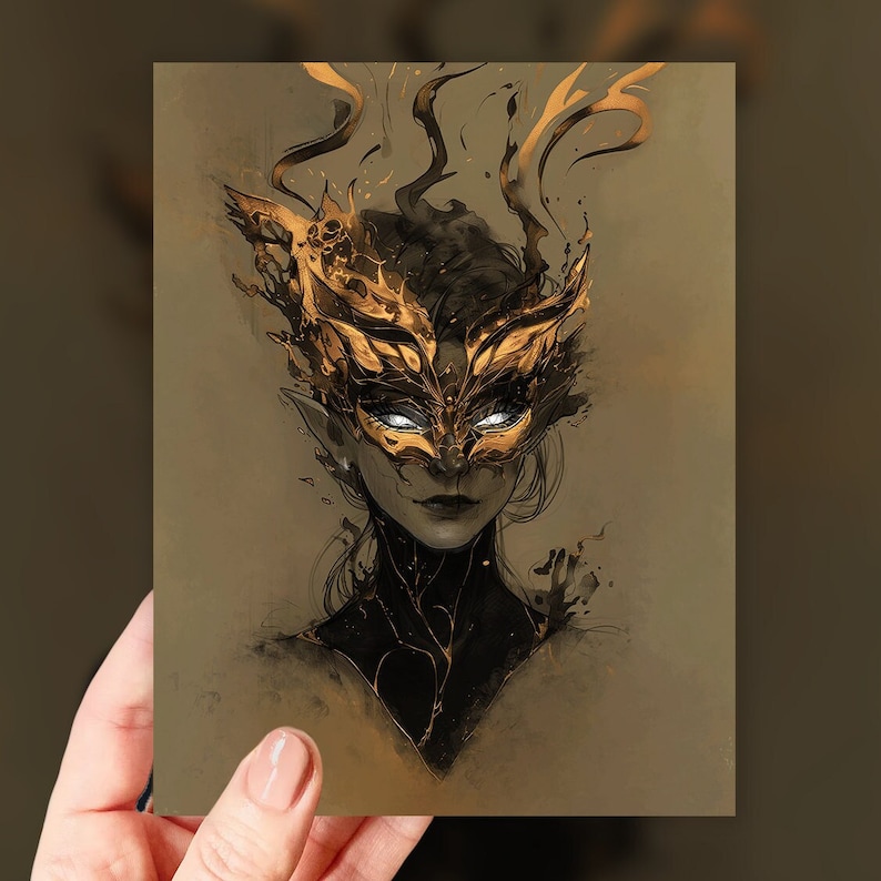 May include: An artistic illustration of a person wearing a gold mask with intricate details. The mask is the focal point, with flowing, golden accents. The person's face is partially visible, with glowing white eyes. The artwork has a dark, mysterious theme.