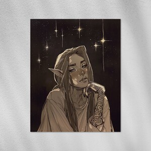 May include: A sepia-toned illustration of a person with long hair, pointed ears, and a tattoo on their arm. The person is resting their chin on their hand, with a starry background. The artwork has a fantasy theme.