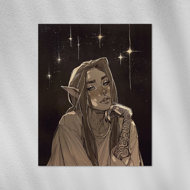 May include: A sepia-toned illustration of a person with long hair, pointed ears, and a tattoo on their arm. The person is resting their chin on their hand, with a starry background. The artwork has a fantasy theme.