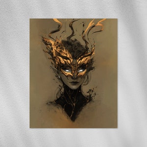May include: An artistic print featuring a woman with a golden mask and flowing hair. The artwork uses a muted color palette with gold and black accents, creating a mysterious and elegant aesthetic. The woman's eyes glow with a bright white light.