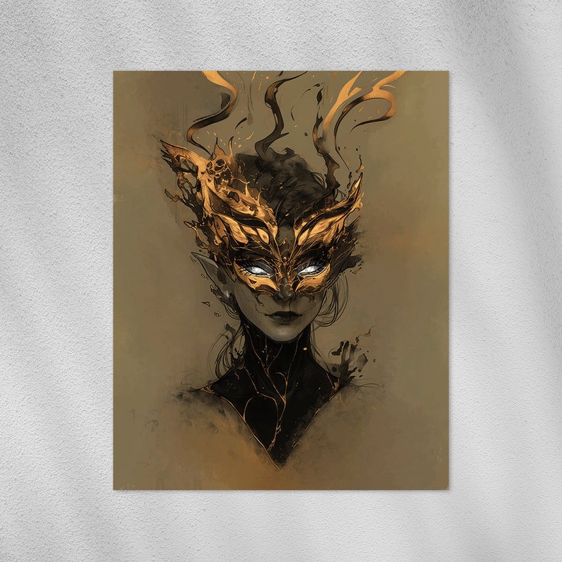May include: An artistic print featuring a woman with a golden mask and flowing hair. The artwork uses a muted color palette with gold and black accents, creating a mysterious and elegant aesthetic. The woman's eyes glow with a bright white light.