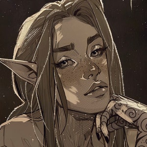 May include: Sepia-toned illustration of a person with long hair, pointed ears, and freckles. The person is resting their chin on their hand, which has intricate tattoo designs. The artwork has a fantasy theme with a detailed, expressive style.