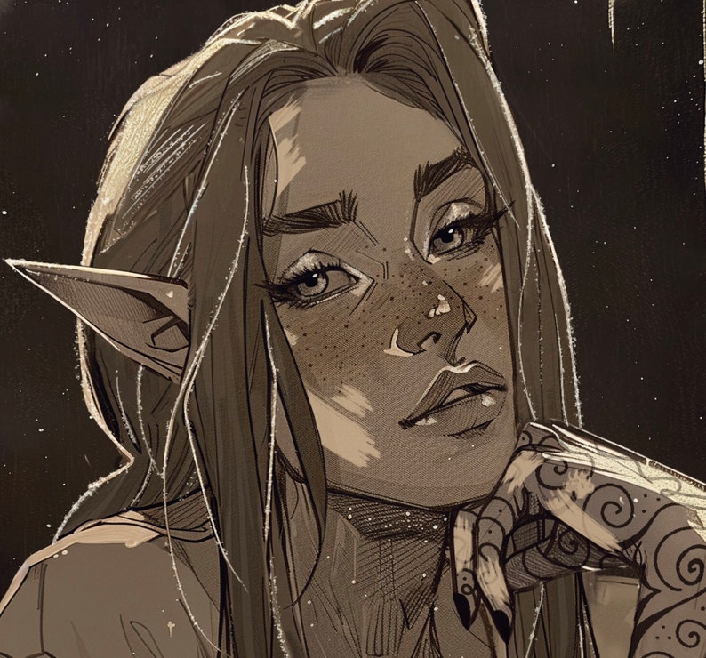 May include: Sepia-toned illustration of a person with long hair, pointed ears, and freckles. The person is resting their chin on their hand, which has intricate tattoo designs. The artwork has a fantasy theme with a detailed, expressive style.