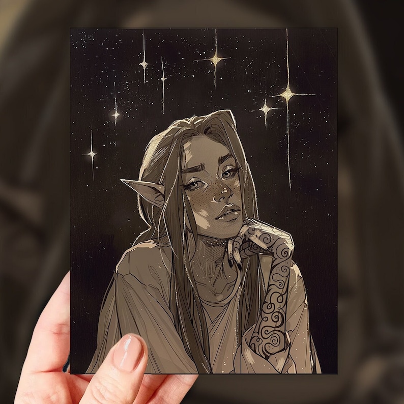 May include: Sepia-toned illustration of a person with long hair, pointed ears, and a tattoo on their arm. The artwork features a starry night sky background. The person is resting their chin on their hand, with a thoughtful expression.