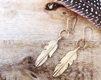 Golden Feather Earrings, Boho Gypsy Jewelry, Gold Filled Gemstone Earrings, Gift