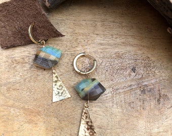 Opal Triangle Earrings, Boho Gypsy Nomad Gold Filled Hoop Earrings