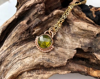 Vesuvinite Coin Radiation Necklace, Gypsy Boho Jewelry, Gold Filled Full Moon Necklace, Gift