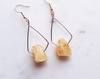 Citrine nugget earrings, boho gypsy jewelry, gold filled gemstone earrings, handmade hammered stud earrings gift, hoop earrings