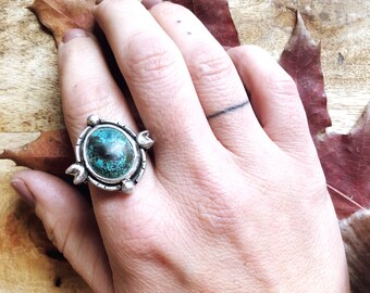 Hubei Türkis Mond Kompass Ring, Edelstein Schmuck, Boho Gypsy,  Sterling Silber Ring,