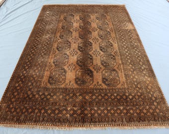 Tappeto tribale turkmeno antico di Bukhara, 201x284 cm, color terracotta, marrone sbiadito / Tappeto in lana annodato a mano e tinto con coloranti vegetali / Tappeto geometrico turkmeno per camera da letto