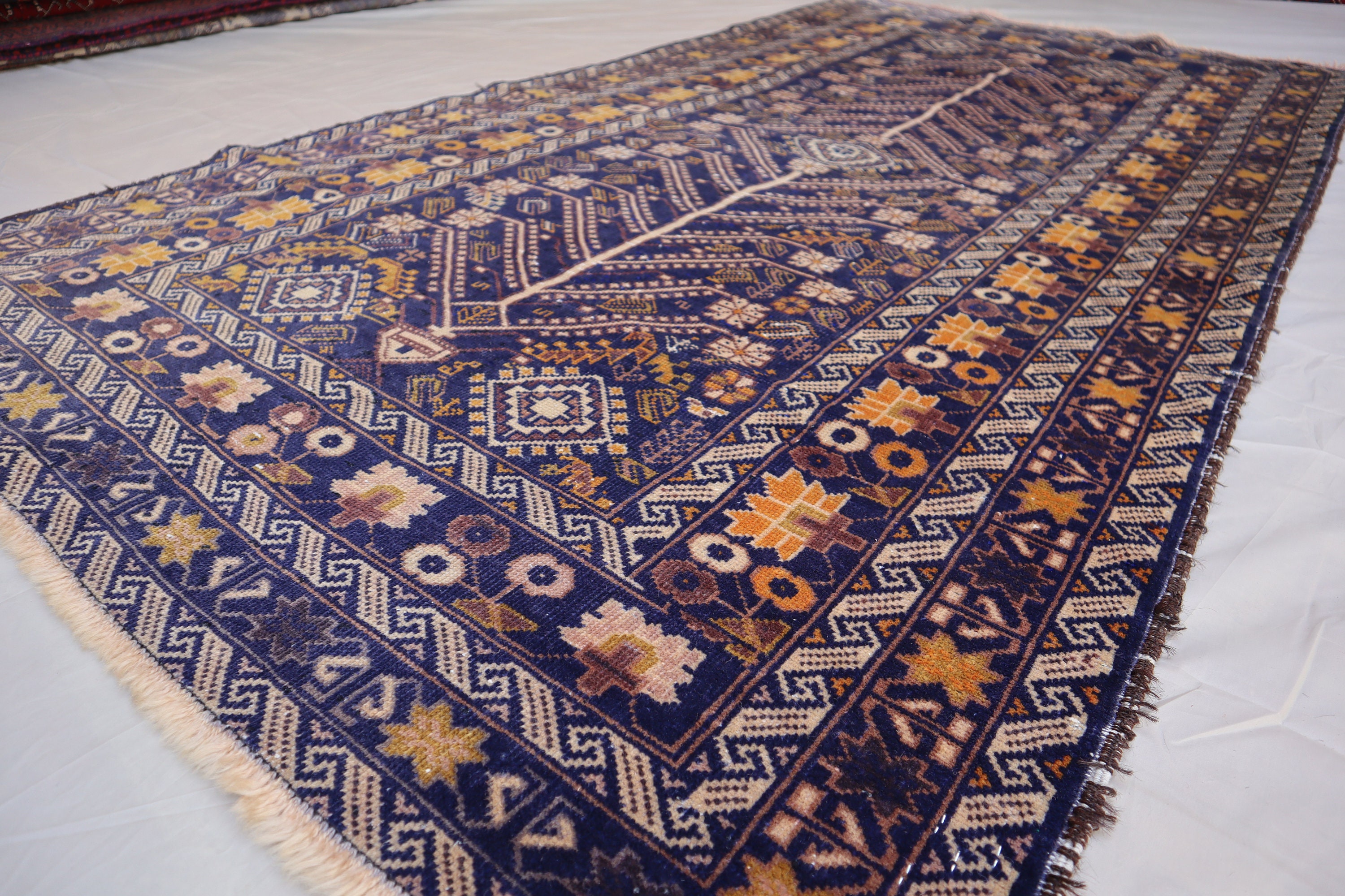 ラグ・カーペット Baluch small rug Vintage Afghan Baluch Tribal Rug 4x7, Handmade Navy Blue Wool