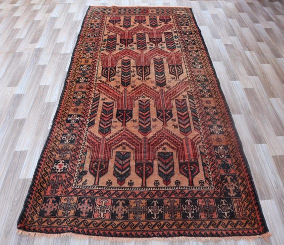 Handmade Antique Wool Baluch Rug: 3'9 X 7'9 Ft, Afghan