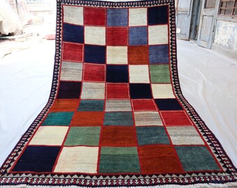 Handmade Afghan Gabbeh Rug 3’10 x 6’6, Colorful Wool Checkerboard Rug, Modern Tribal Area Rug, Boho Bedroom Carpet