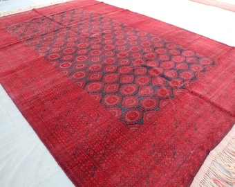 9x12インチのアンティークアフガンラグ：手織りウール、レッド