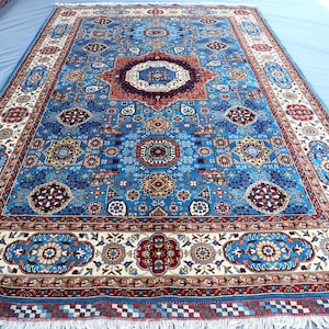 Blue Mamluk Area Rug, Oriental Kazak Rug, Geometric Pattern Medallion Rug, 6.7 x 10.2 ft ( 200x300 ) Cm Wool Rug For Living Room Bedroom Rug
