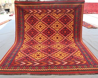 Afghan Tribal Geometric Kilim Rug | Hand-Woven Flatweave Kilim Rug | Boho Yellow Red 6'6"x7'10" Ft Rug