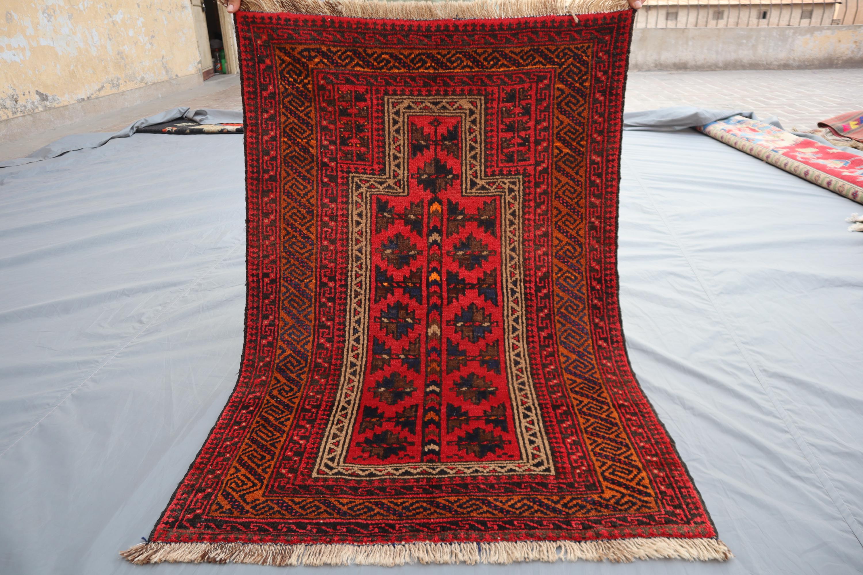 手織りウールのアフガン祈祷用ラグ：トルクメン族のデザイン、2.8 x