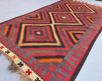 Alfombra vintage 4x7 Alfombra silenciada afgana Alfombra Kilim vintage - Alfombra de lana tejida a mano - Alfombra geométrica Kilim de tejido plano - Alfombra de dormitorio - Alfombra de pasillo