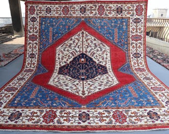 8x10 Hand-Knotted Afghan Wool Rug: Red Medallion Heriz Design