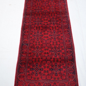 Red Turkmen Bokhara Wool Runner Rug: Hand-Knotted Afghan Hallway Rug (2.8x6.7 Ft)
