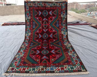 ハンドメイドのアフガニスタンウールラグ：4x7インチのヴィンテージ