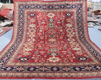 9x12インチのアンティークアフガンラグ：手織りウール、レッド