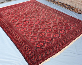 Handmade Afghan Wool Rug: 6.8x9.4 ft Vintage Tribal Bokhara Carpet