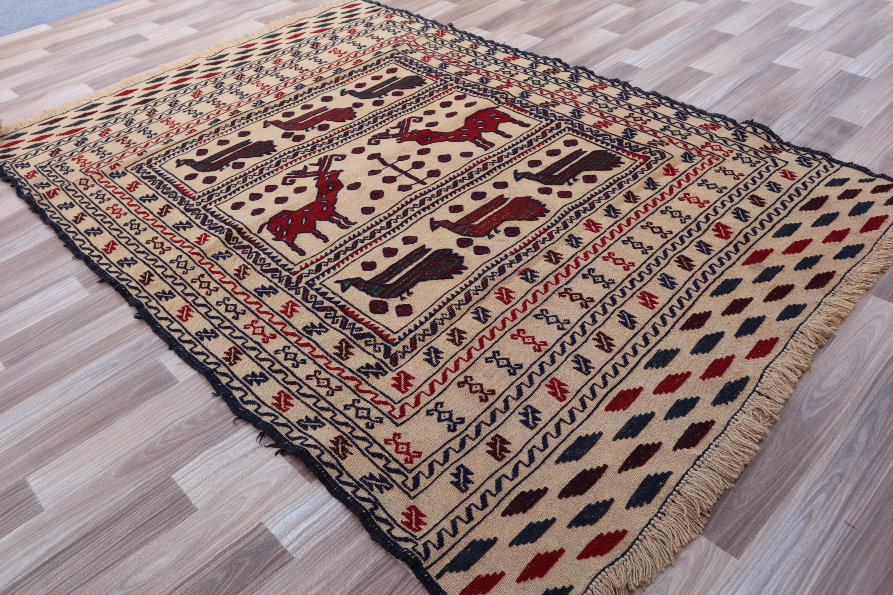 4x6 アフガン絵画動物モチーフキリムラグ - 平織りキリムラグ - 手織り