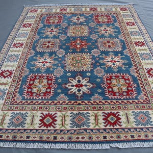 5x7 Blue & Beige Handmade Area Rug - Afghan Hand Knotted Veg dyed wool Kazak Style Wool Rug - Tribal Geometric Rug - Rug For Living Room