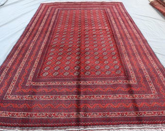 7x10 ハンドメイド アフガニスタン レッド ボハラ ラグ、ヴィンテージ