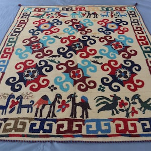 6x7 Nomadic Pictorial Uzbek Kilim Rug - Handmade Wool, Animal Print Geometric Folk Art Rug - Bedroom Rug - Dining Table Rug, Living Room Rug
