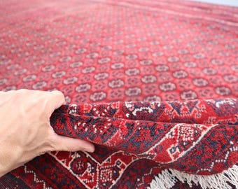 Afghan Belgic Handmade Bokhara Wool Area Rug, Vintage Turkmen Khowaja Roshnai Red Carpet - Living room Rug - Bedroom Rug - 6.10x9.6 ft Rug
