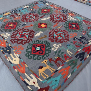 6x6.5 Ft Pictorial Embroidered Uzbek Kilim Rug | Afghan Hand Knotted Fabric Green Flatweave Parrots & Camels | Vintage Wool Wall Hanging Rug