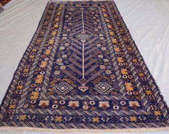 Vintage Afghan Baluch Tribal Rug 4x7, Handmade Navy Blue Wool