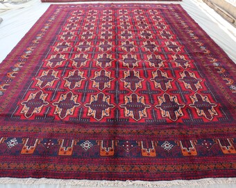 9x12インチのアンティークアフガンラグ：手織りウール、レッド