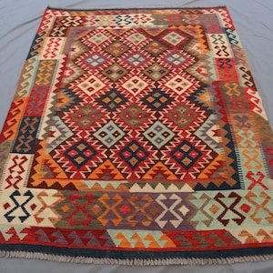 5x7 Vintage Afghan Kilim Area Rug - Handmade Wool Flatweave Kilim - Boho Colorful Rug - Tribal Geometric Kilim - Oriental Rug - Kitchen Rug