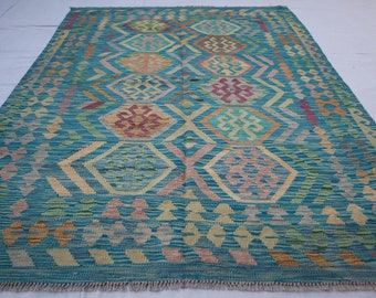 4&#39;10 x 6&#39;9 Ft Gorgeous Afghan Tribal Chubi Kilim Rug, Natural Dye Wool Rug, Turkmen Kilim Rug, Blue Kilim Rug, Living Room Rug, Bedroom Rug