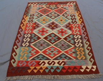 Alfombra Kilim afgana vintage: tejido plano de lana tejida a mano de 3'4x4'10