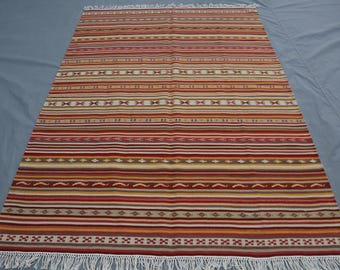 Turkish Kilim Rug 6x8, Hand Knotted Tribal Flatweave Cotton Rug