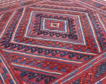 4x4ヴィンテージアフガンウールラグ：手織りのトライバルデザイン