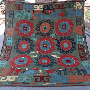 5.10x6.4 Ft Fabric Embroidered Uzbek Kilim Rug - Pictorial Green Flatweave with Parrots & Camels - Vintage Handmade Wool Wall Hanging Rug